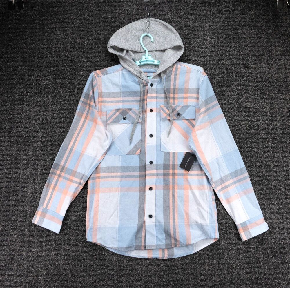 No Boundaries Shirt Mens Small Blue White Plaid Flannel Hooded Oversized Fit NWT